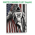Matte canvas football wall art featuring a bold black, white and red player design