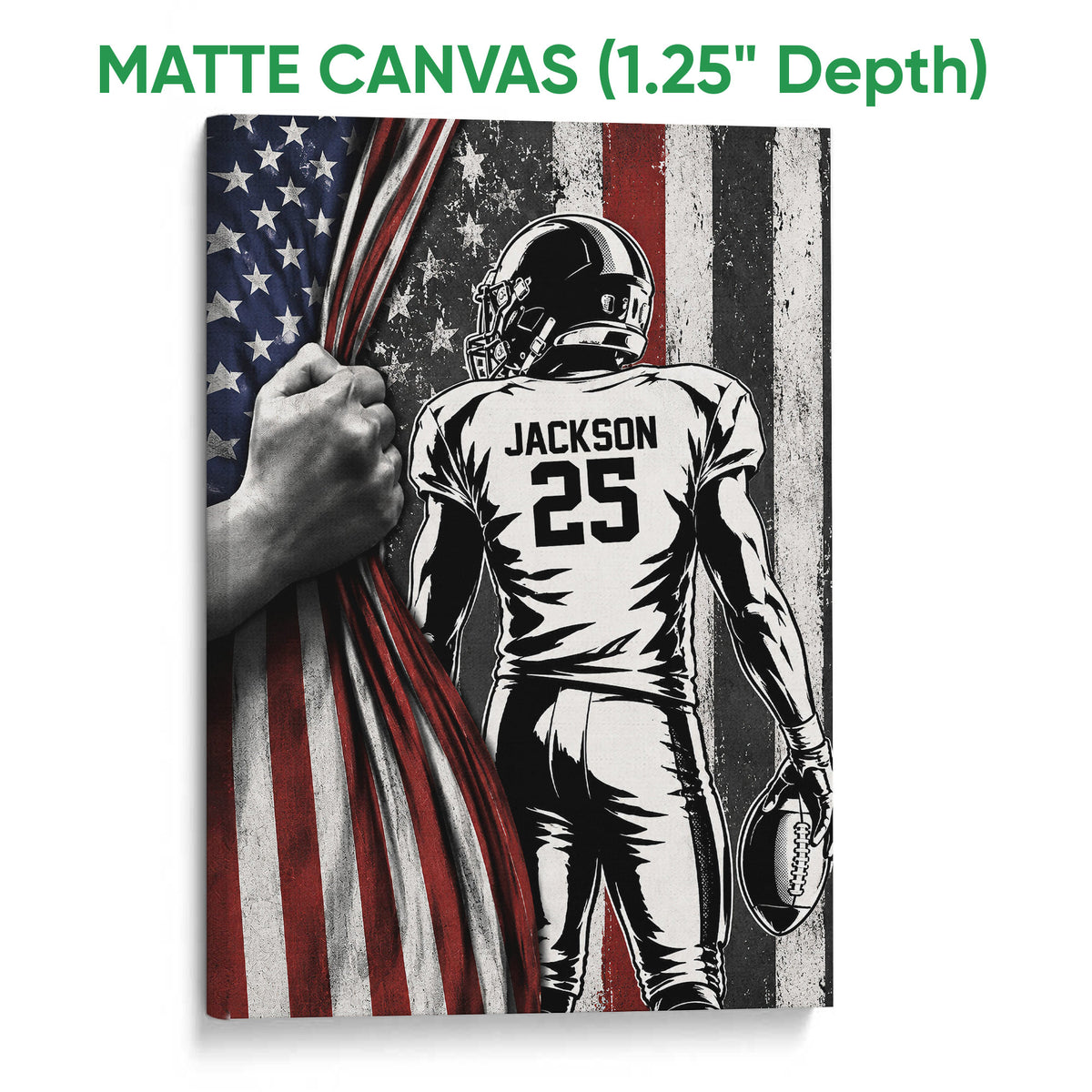 Matte canvas football wall art featuring a bold black, white and red player design