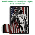 Black framed canvas football wall art with a helmeted player and patriotic flag background