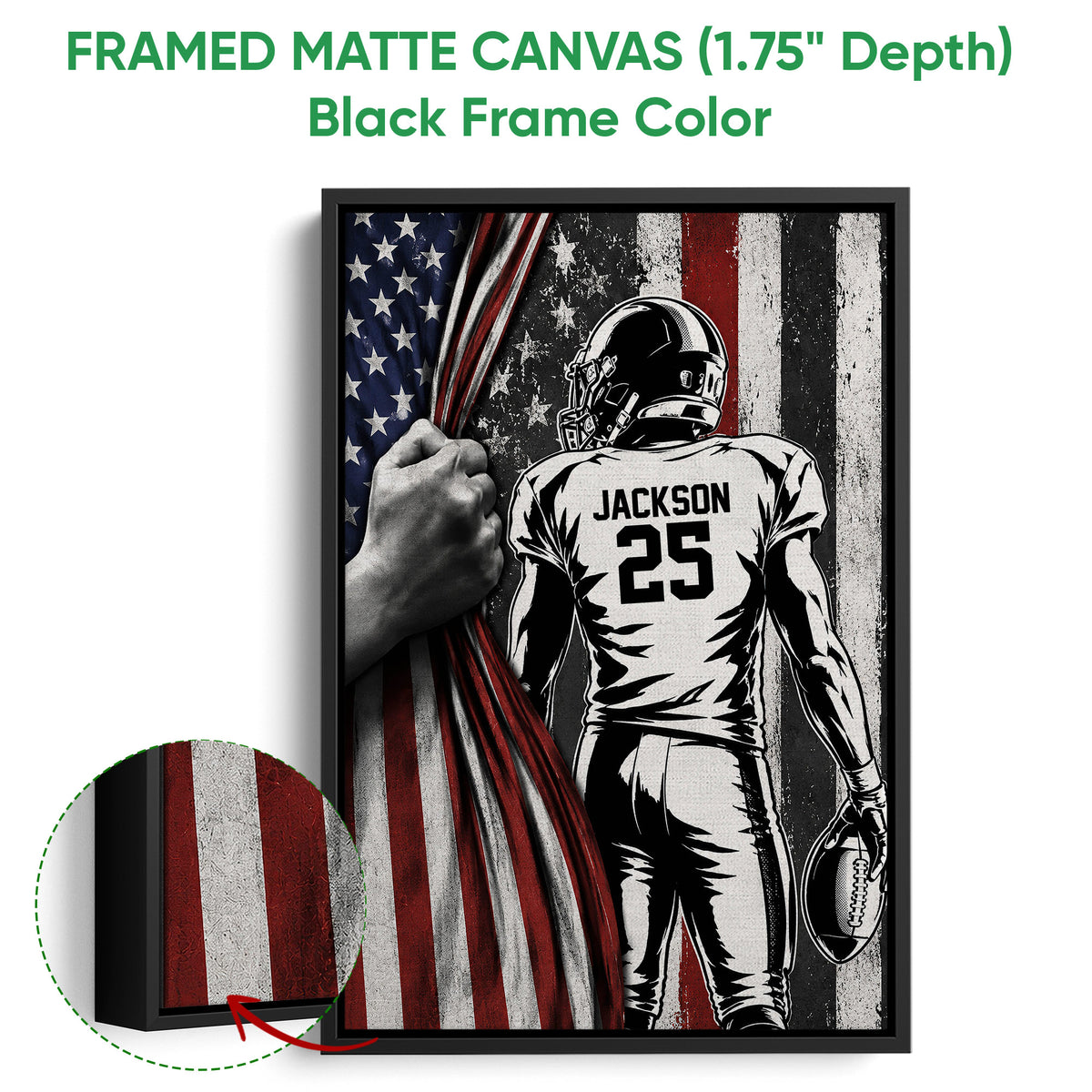 Black framed canvas football wall art with a helmeted player and patriotic flag background