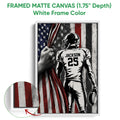 White framed canvas football wall art with a helmeted player and distressed red, white and blue design