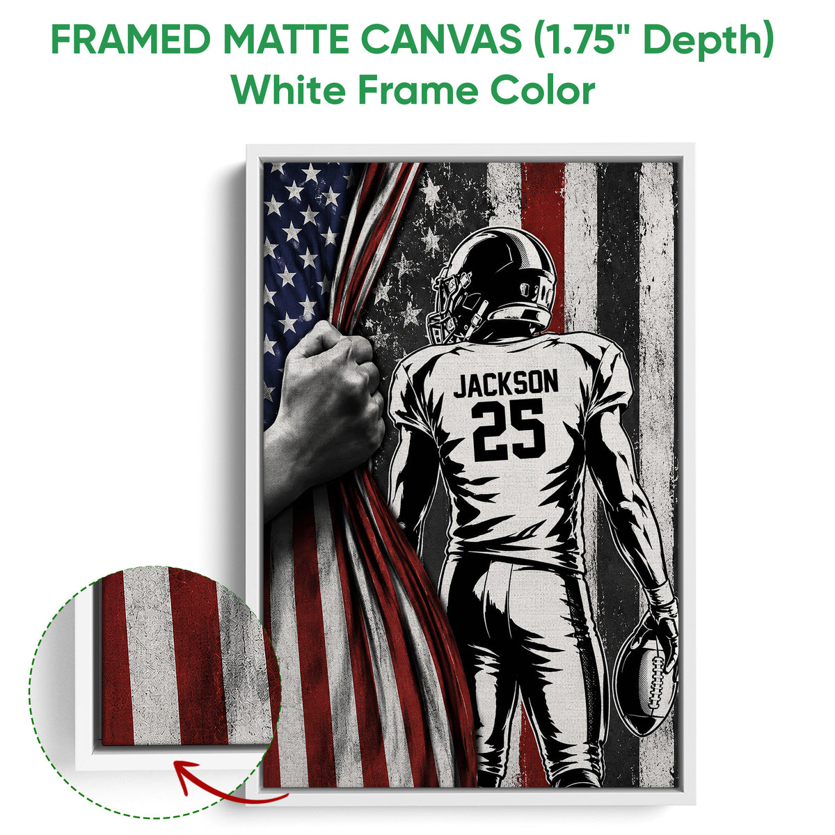 White framed canvas football wall art with a helmeted player and distressed red, white and blue design