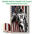 Natural wood framed football wall art featuring a player, football and American flag artwork