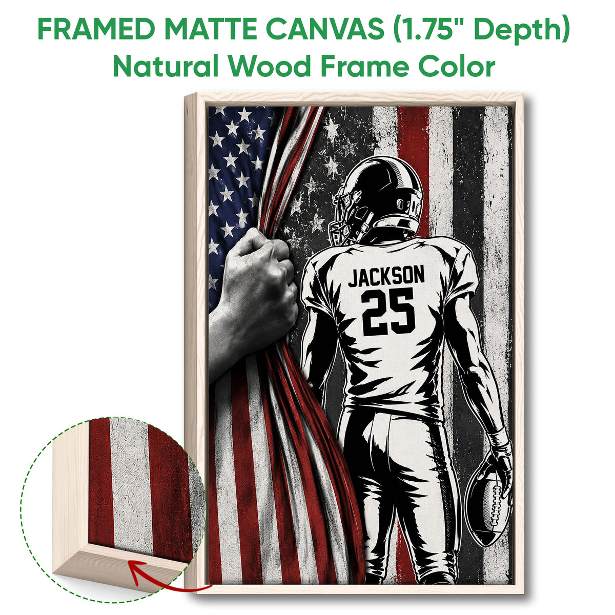 Natural wood framed football wall art featuring a player, football and American flag artwork