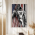 Patriotic football wall art displayed on a light wood-paneled wall in a bright home interior