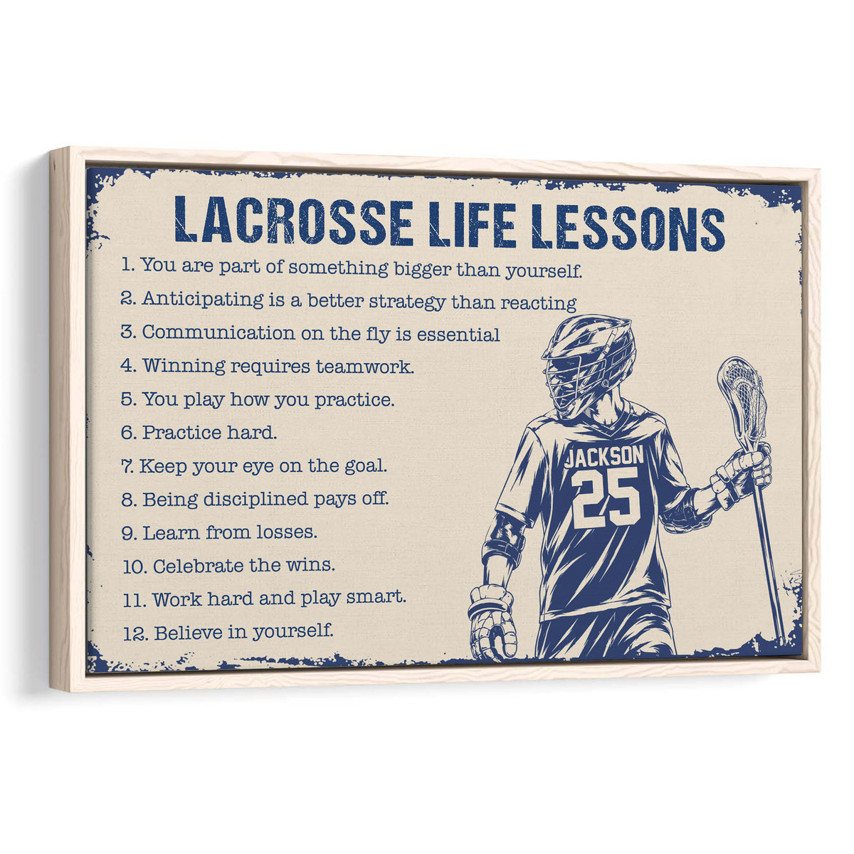 Framed lacrosse wall art featuring a helmeted player, lacrosse stick, and motivational life lessons