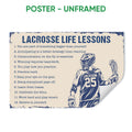 Unframed lacrosse poster with a helmeted player, lacrosse stick, and navy motivational text