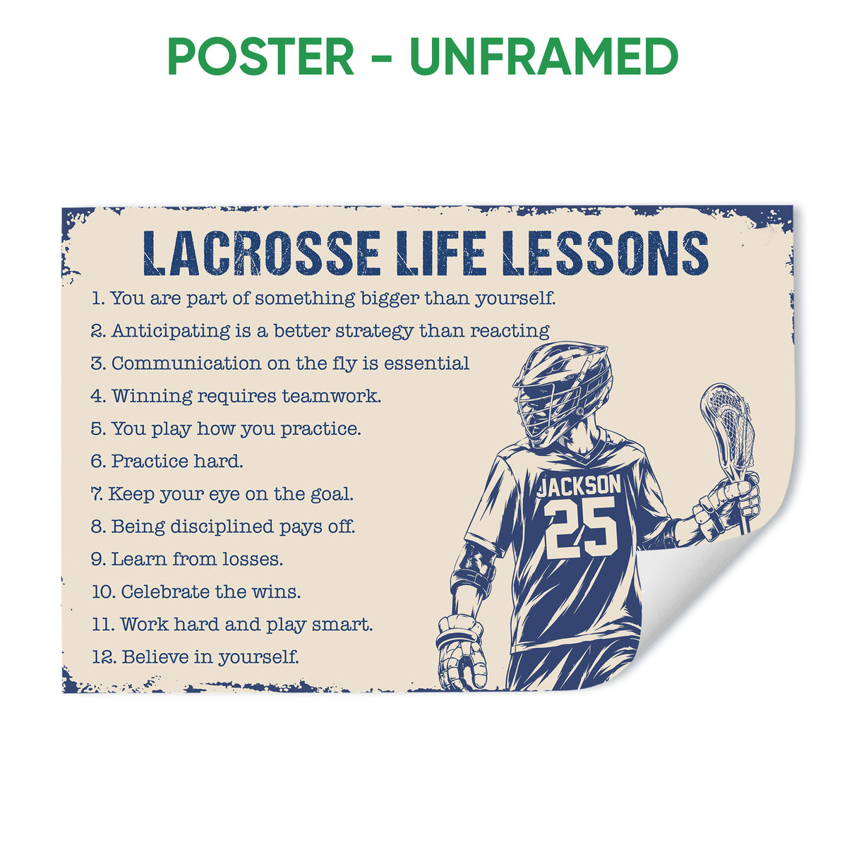 Unframed lacrosse poster with a helmeted player, lacrosse stick, and navy motivational text