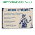 Matte canvas lacrosse wall art showing a vintage-inspired player illustration and motivational lessons