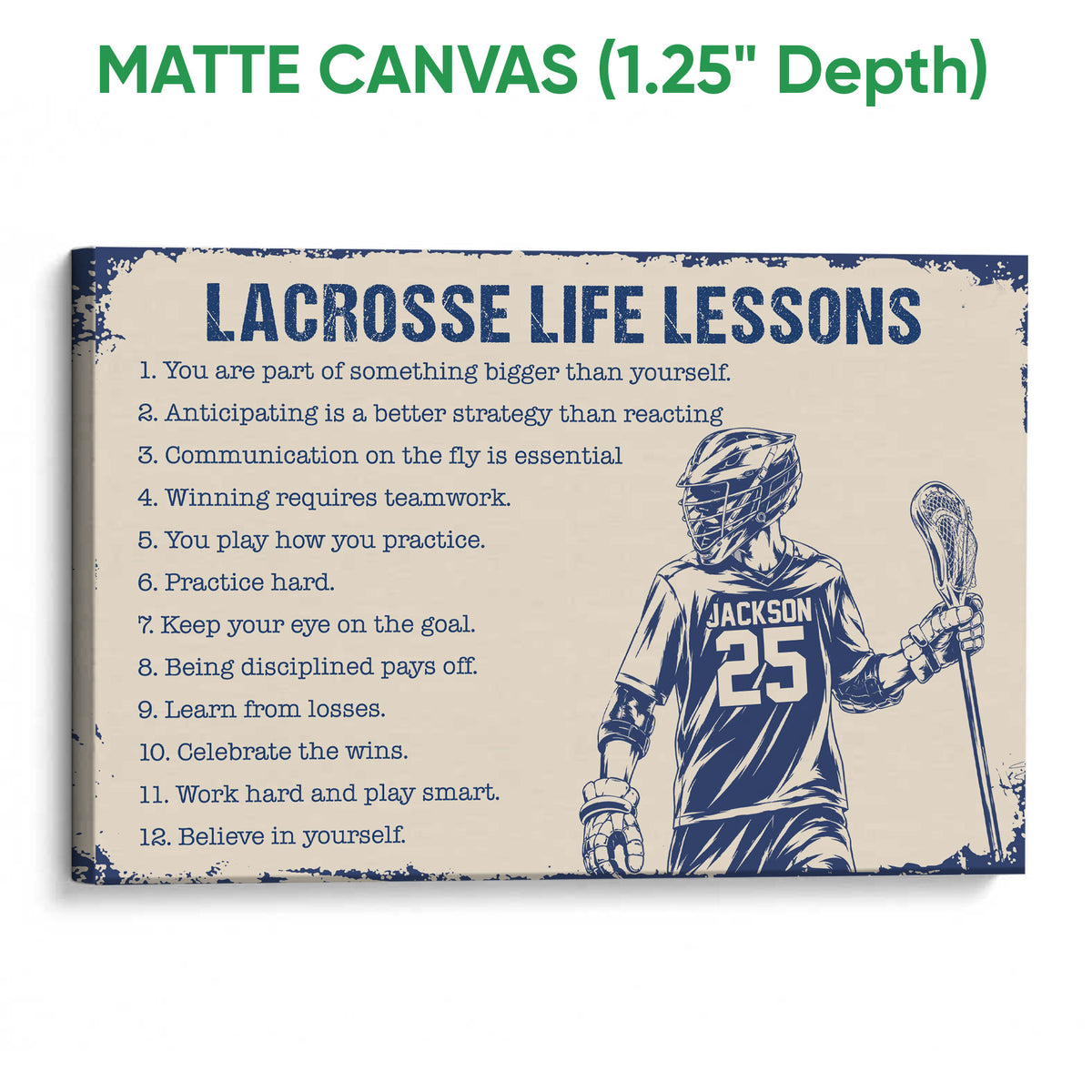 Matte canvas lacrosse wall art showing a vintage-inspired player illustration and motivational lessons