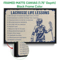 Framed lacrosse wall art shown with a black frame and close-up canvas texture