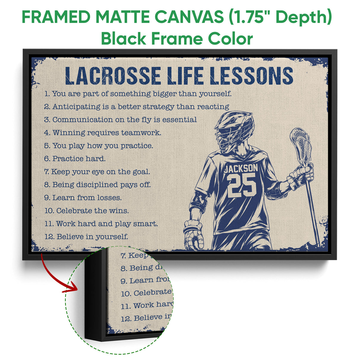 Framed lacrosse wall art shown with a black frame and close-up canvas texture