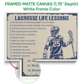 Framed lacrosse wall art shown with a white frame and close-up canvas texture