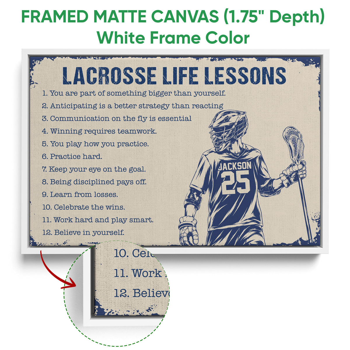 Framed lacrosse wall art shown with a white frame and close-up canvas texture