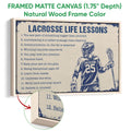 Framed lacrosse wall art shown with a natural wood frame and close-up canvas texture