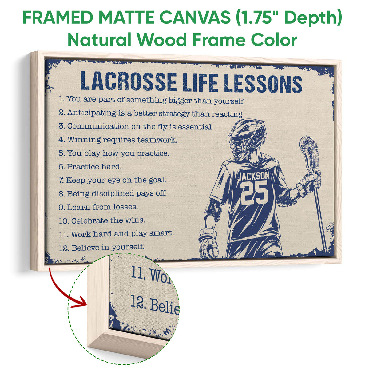 Framed lacrosse wall art shown with a natural wood frame and close-up canvas texture