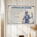 Lacrosse life lessons wall art displayed in a bright room with white wood paneling