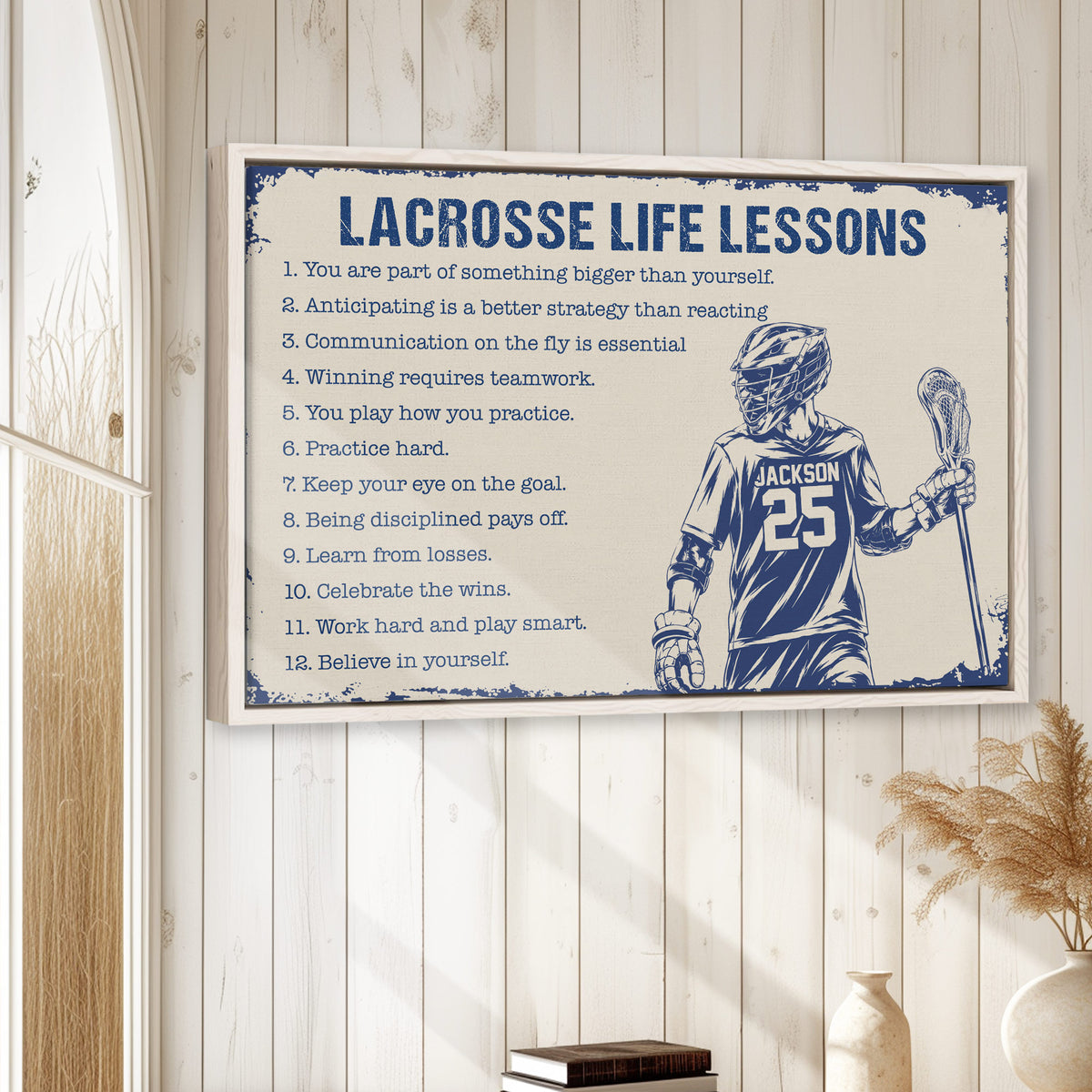 Lacrosse life lessons wall art displayed in a bright room with white wood paneling