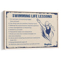 Framed swimming wall art with a vintage blue and cream swimmer illustration and motivational lessons