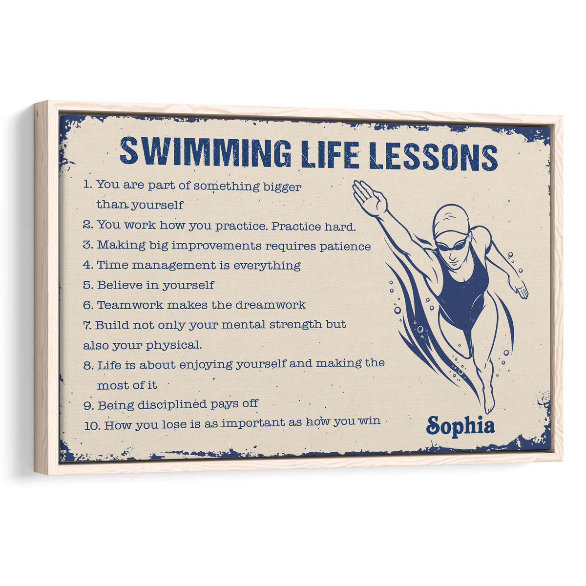 Framed swimming wall art with a vintage blue and cream swimmer illustration and motivational lessons