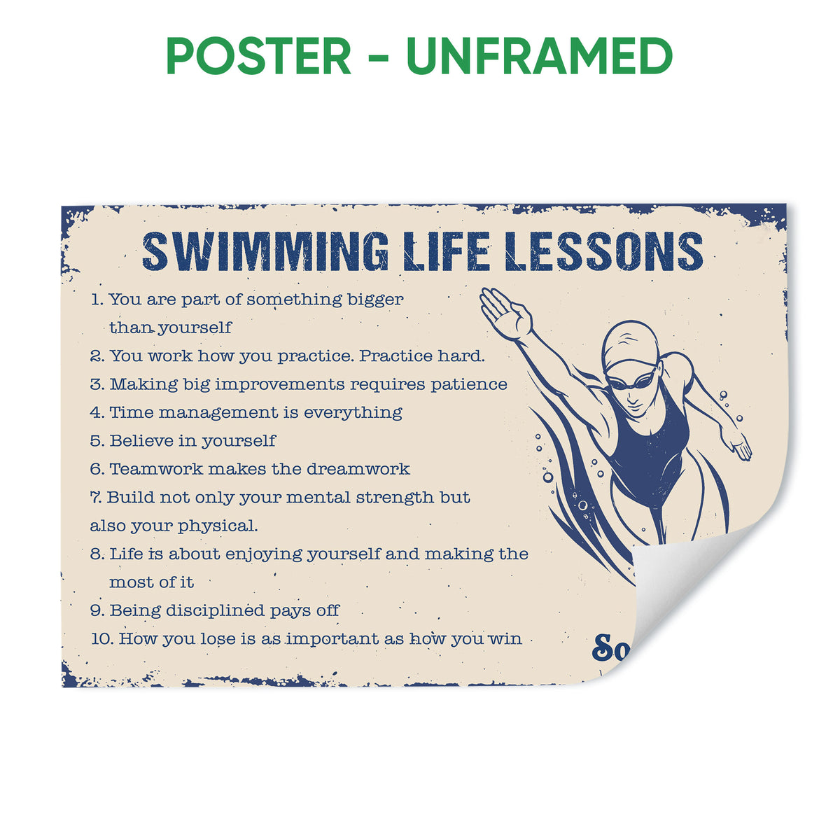 Unframed swimming poster featuring a blue and cream swimmer illustration with motivational lessons