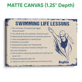 Matte canvas swimming wall art featuring a vintage swimmer illustration and blue motivational typography