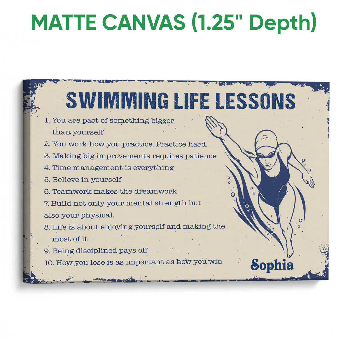 Matte canvas swimming wall art featuring a vintage swimmer illustration and blue motivational typography