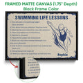 Black framed canvas swimming wall art with a swimmer illustration and distressed blue and cream design