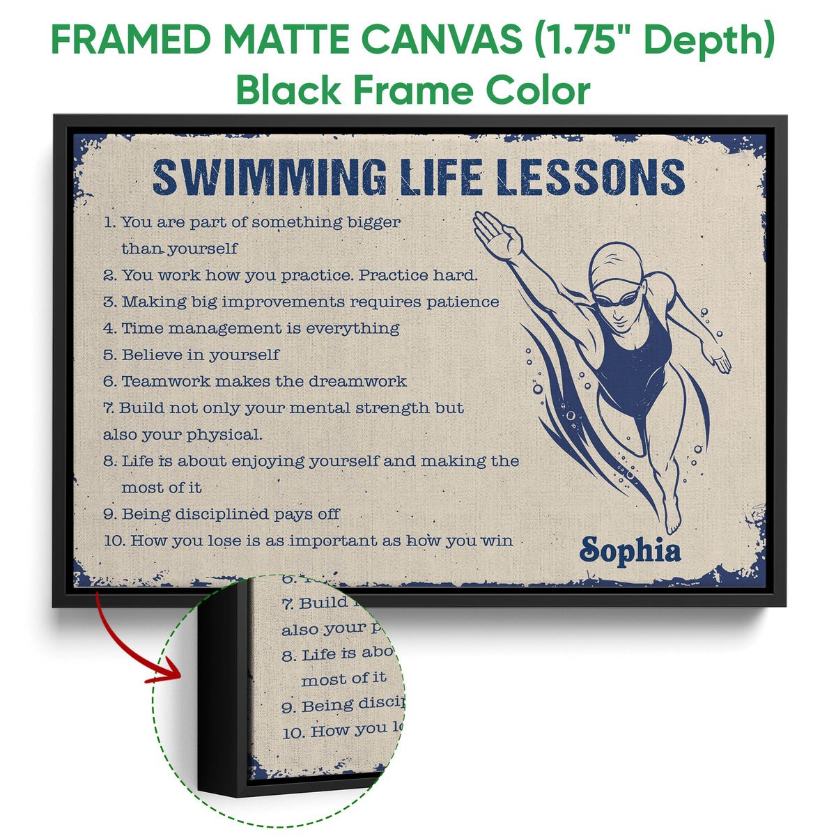 Black framed canvas swimming wall art with a swimmer illustration and distressed blue and cream design