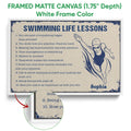 White framed canvas swimming wall art with a vintage swimmer illustration and motivational text