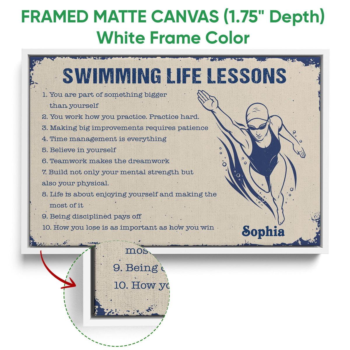 White framed canvas swimming wall art with a vintage swimmer illustration and motivational text