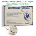 Natural wood framed swimming wall art with a blue and cream swimmer design and motivational lessons