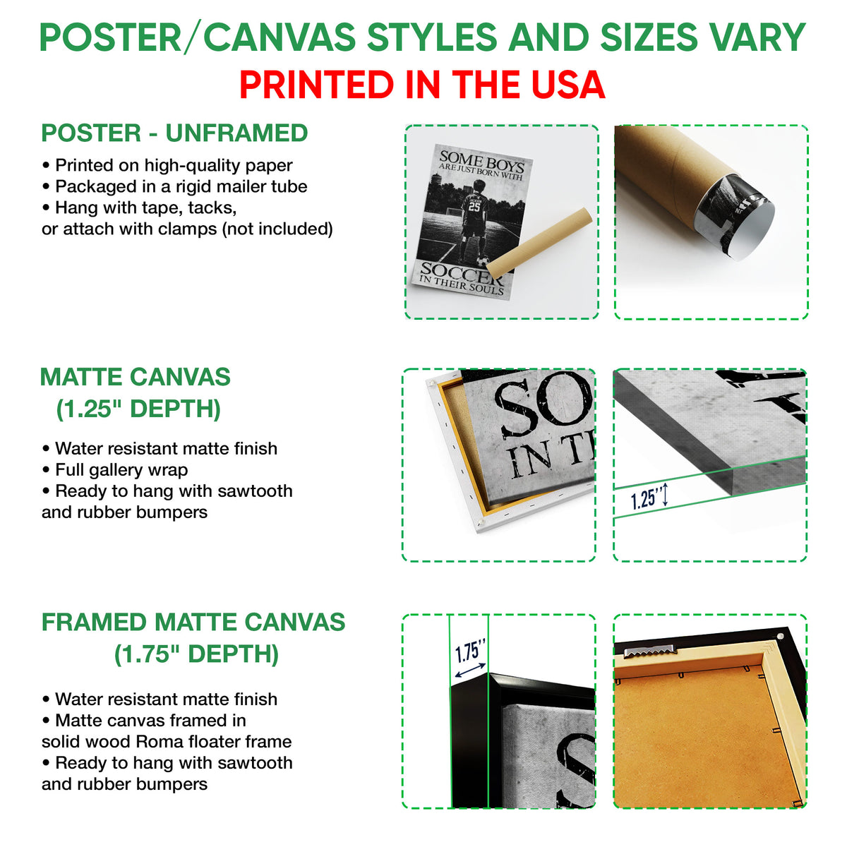 Poster and canvas format guide featuring soccer wall art with unframed and framed presentation options