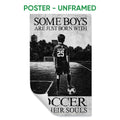 Unframed soccer poster featuring a young player and ball on a field in distressed black and white artwork