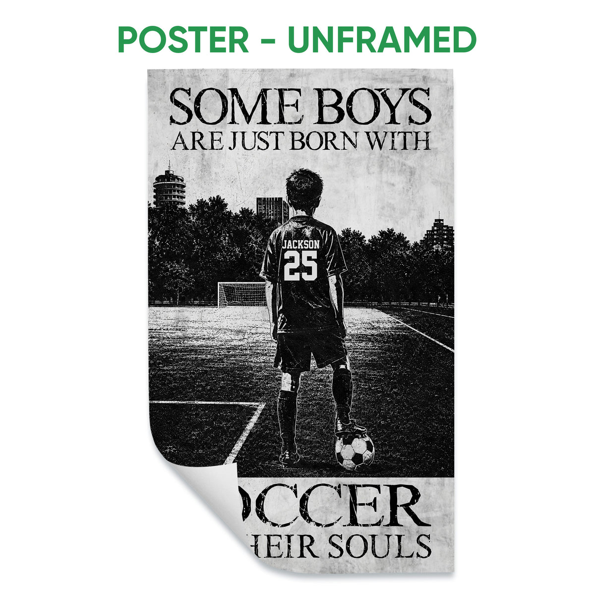 Unframed soccer poster featuring a young player and ball on a field in distressed black and white artwork