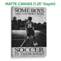Matte canvas soccer wall art showing a youth player on a field beneath bold distressed lettering