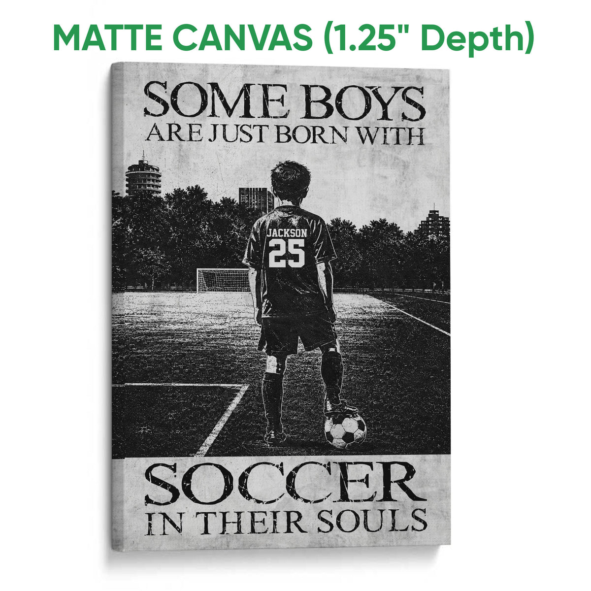 Matte canvas soccer wall art showing a youth player on a field beneath bold distressed lettering