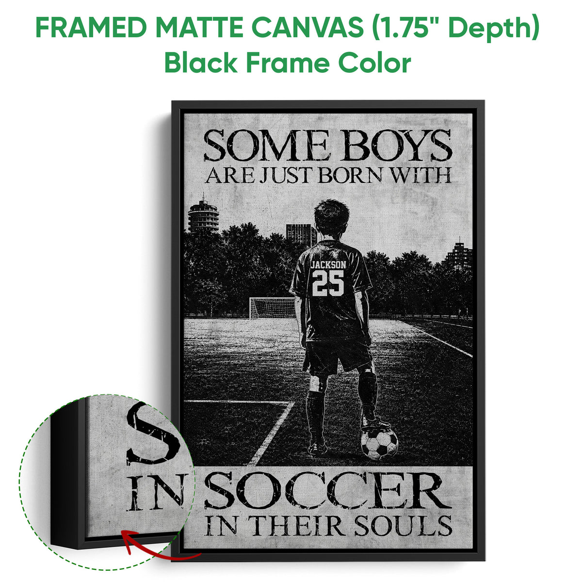 Black framed soccer canvas featuring a youth player, soccer ball, field, and monochrome artwork