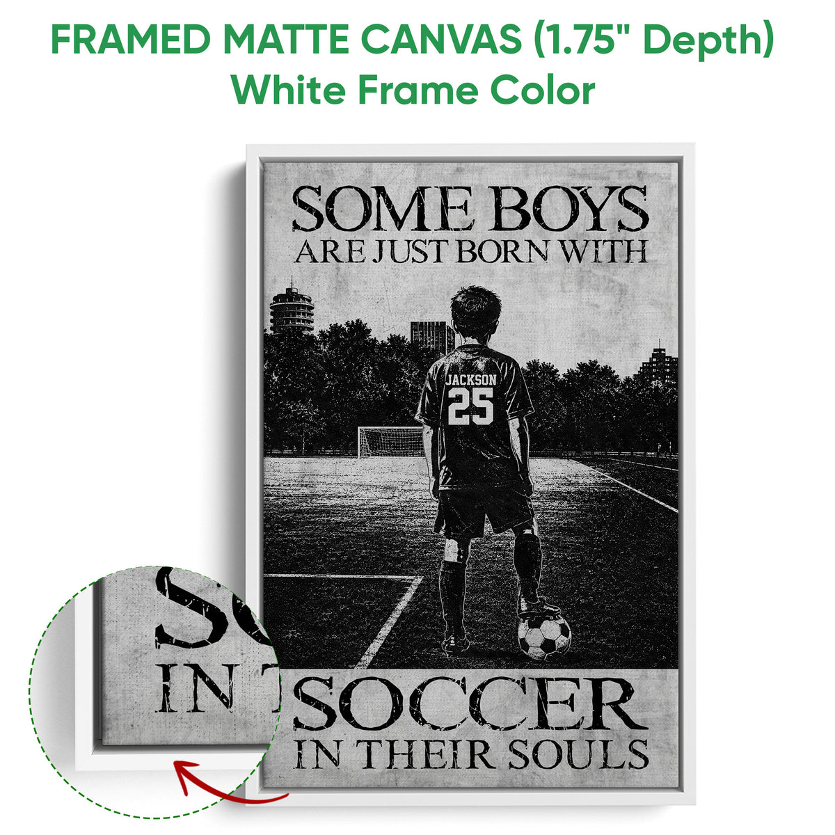 White framed soccer canvas featuring a young player on a field with bold black and gray artwork