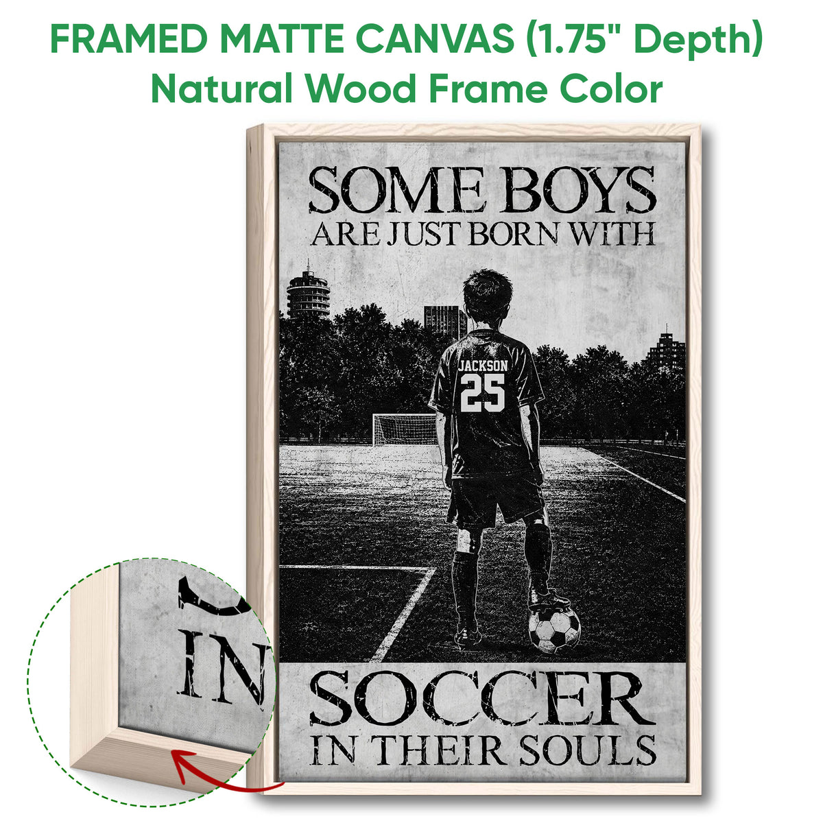 Natural wood framed soccer wall art showing a youth player with a ball on an outdoor field