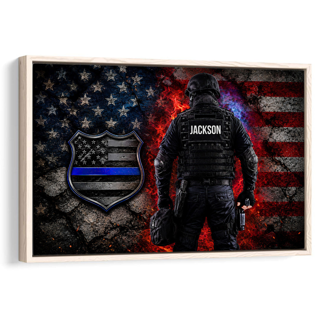 Framed police wall art featuring an officer, blue-line shield, and distressed American flag design