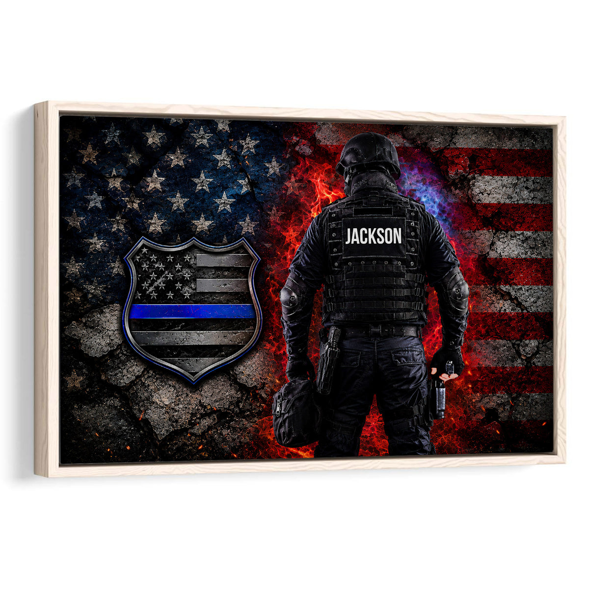 Framed police wall art featuring an officer, blue-line shield, and distressed American flag design