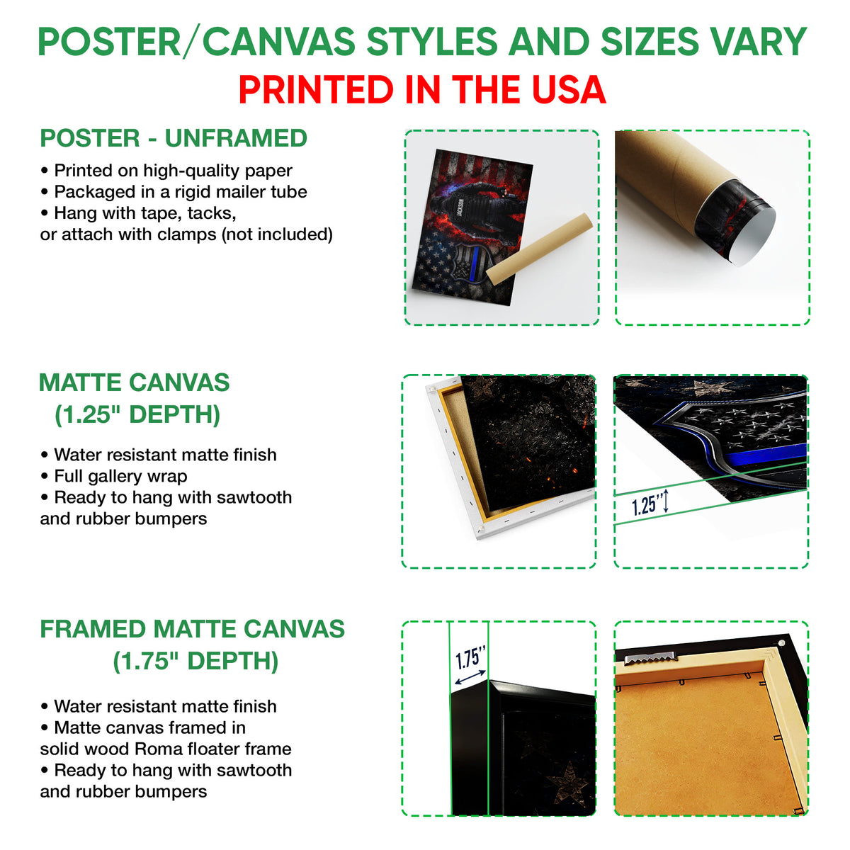 Police wall art format guide showing poster, matte canvas, and framed canvas options