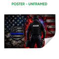 Unframed police poster featuring a tactical officer, blue-line shield, and distressed flag background