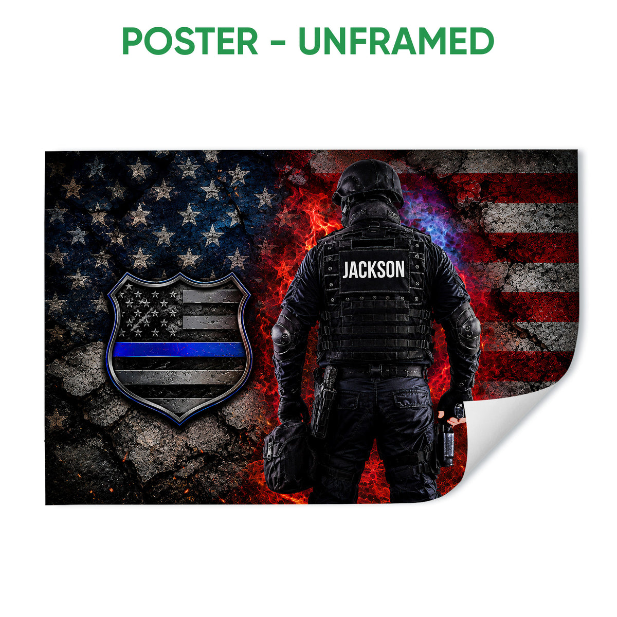 Unframed police poster featuring a tactical officer, blue-line shield, and distressed flag background