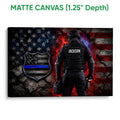Matte canvas police wall art with an officer, shield emblem, and red, white, and blue flag design