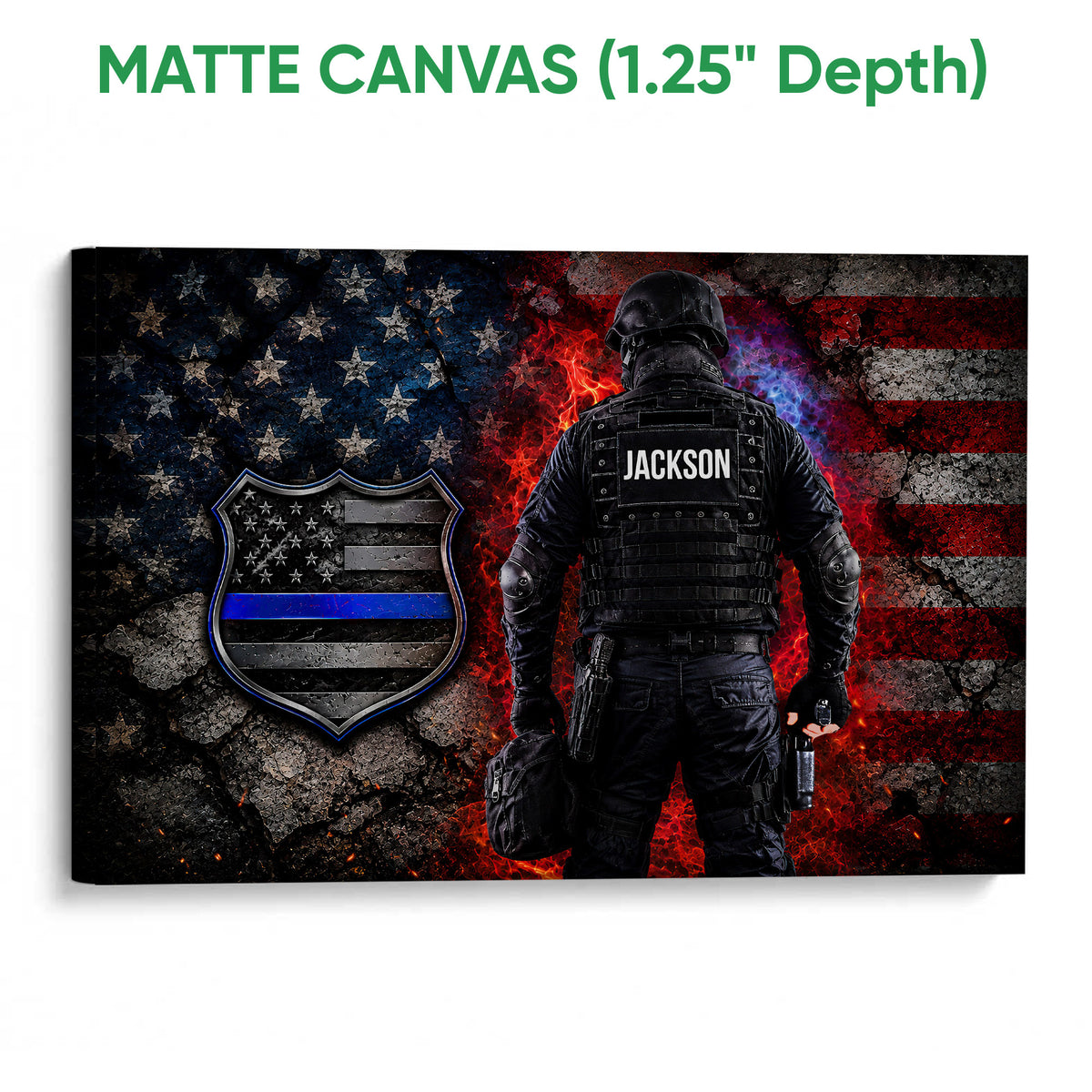 Matte canvas police wall art with an officer, shield emblem, and red, white, and blue flag design