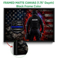Black framed canvas police wall art with a tactical officer and blue-line shield emblem