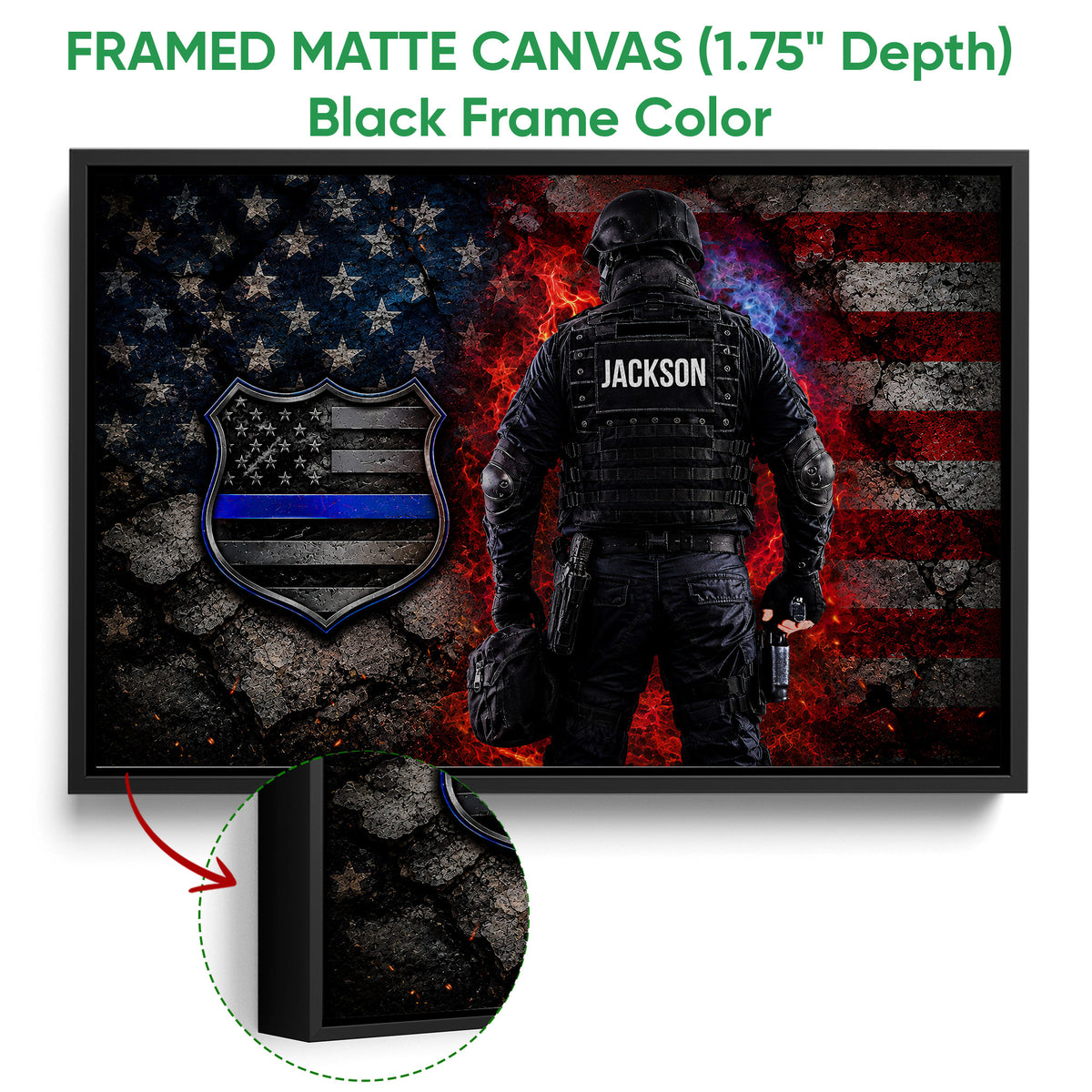 Black framed canvas police wall art with a tactical officer and blue-line shield emblem