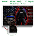 White framed canvas police wall art featuring an officer and distressed patriotic shield design